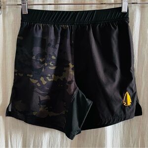 Tachuntfish Men's Black Camo Athletic Shorts with Yellow Logo Athleisure weekend